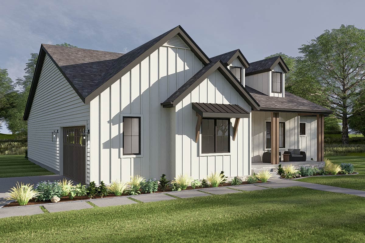 Modern Farmhouse house plan exterior with board and batten siding, gables, dormers, and covered front porch.