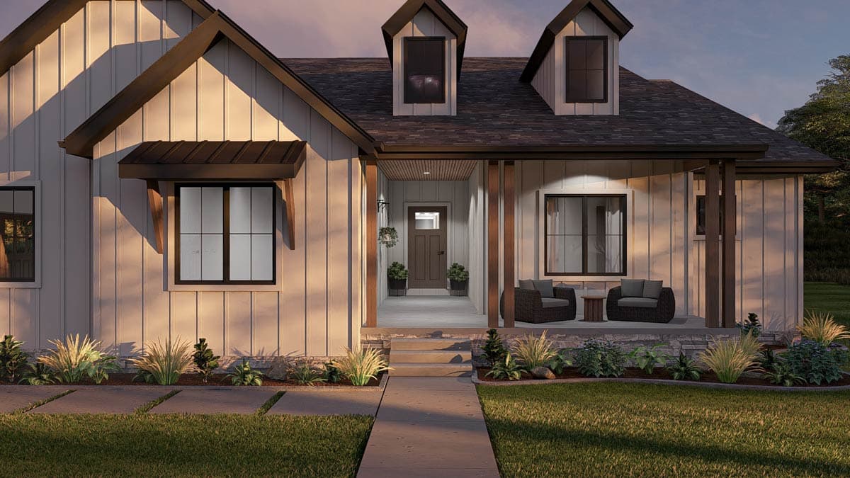 Modern Farmhouse house plan exterior with board and batten siding, gable dormers, covered entry porch, and metal awnings.