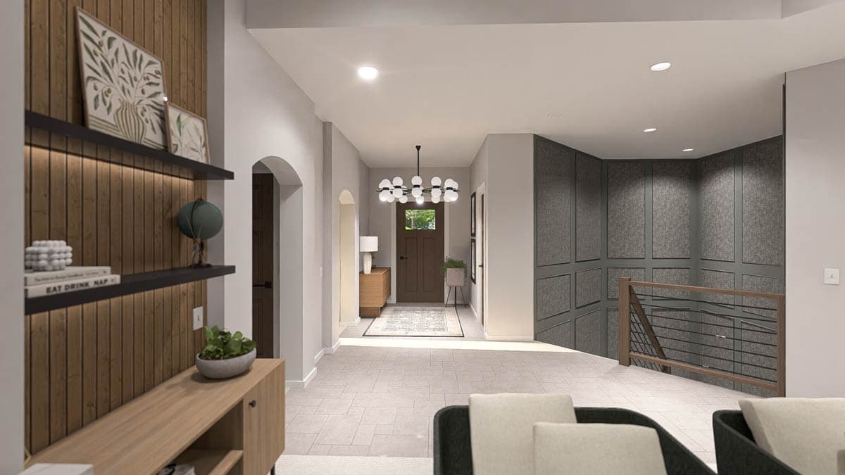 Interior rendering of a home entryway with wood-paneled accent wall, arched doorway, and modern chandelier.