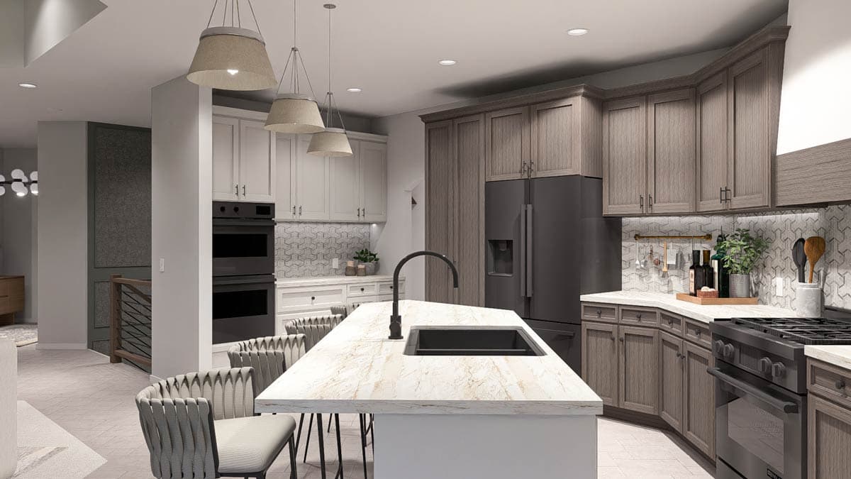 Kitchen with large island, dual ovens, modern cabinetry, and stainless steel appliances.