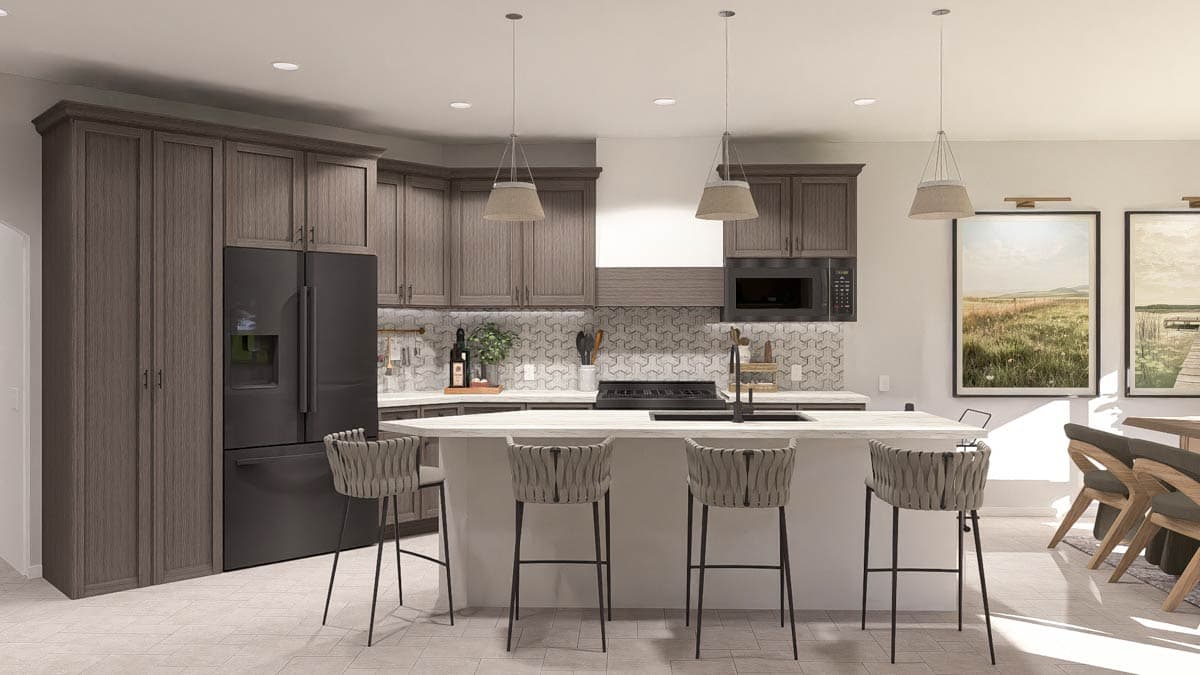 Kitchen with gray wood cabinets, large island with seating, black appliances, and tile backsplash.