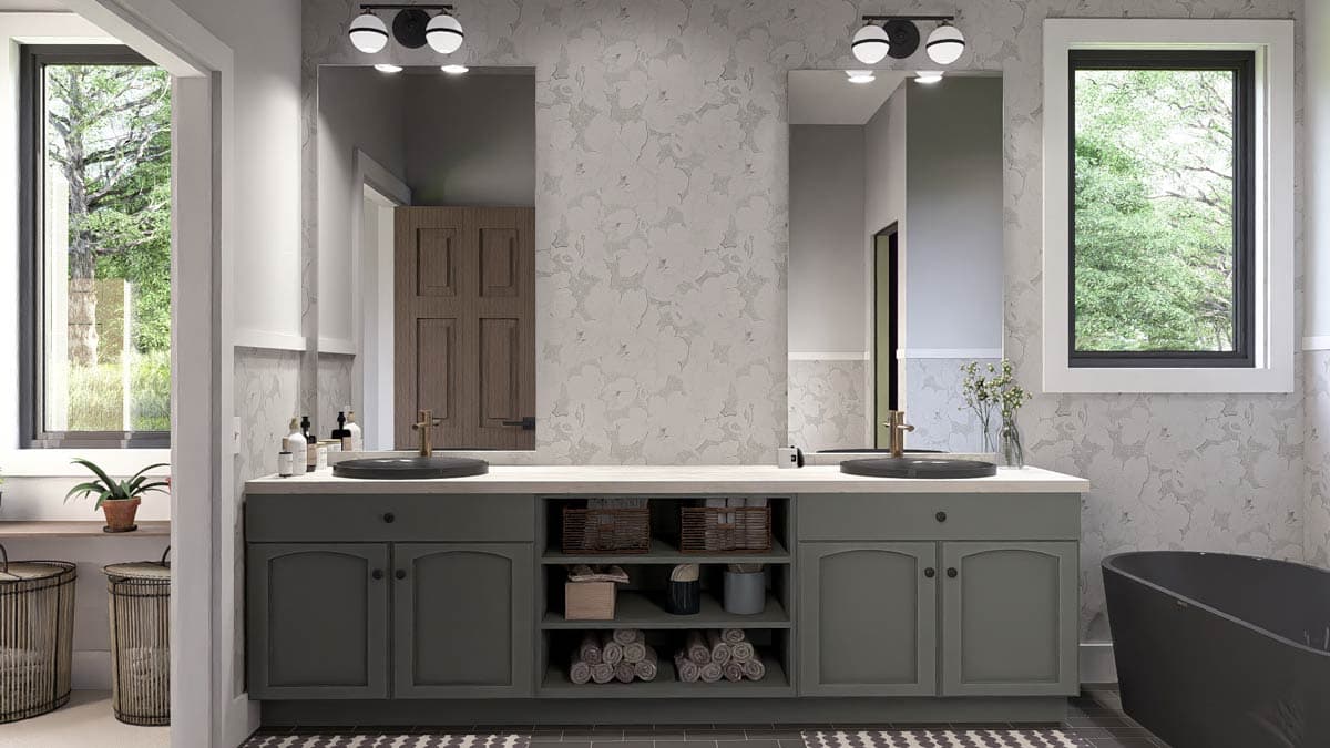 Bathroom rendering featuring a double vanity with stone counters, open shelving, and two windows. A dark soaking tub is visible on the right.
