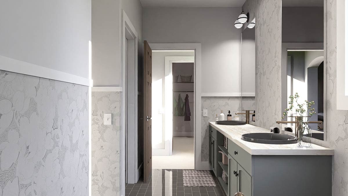 Bathroom rendering with double vanity, patterned wallpaper, and view into a closet.