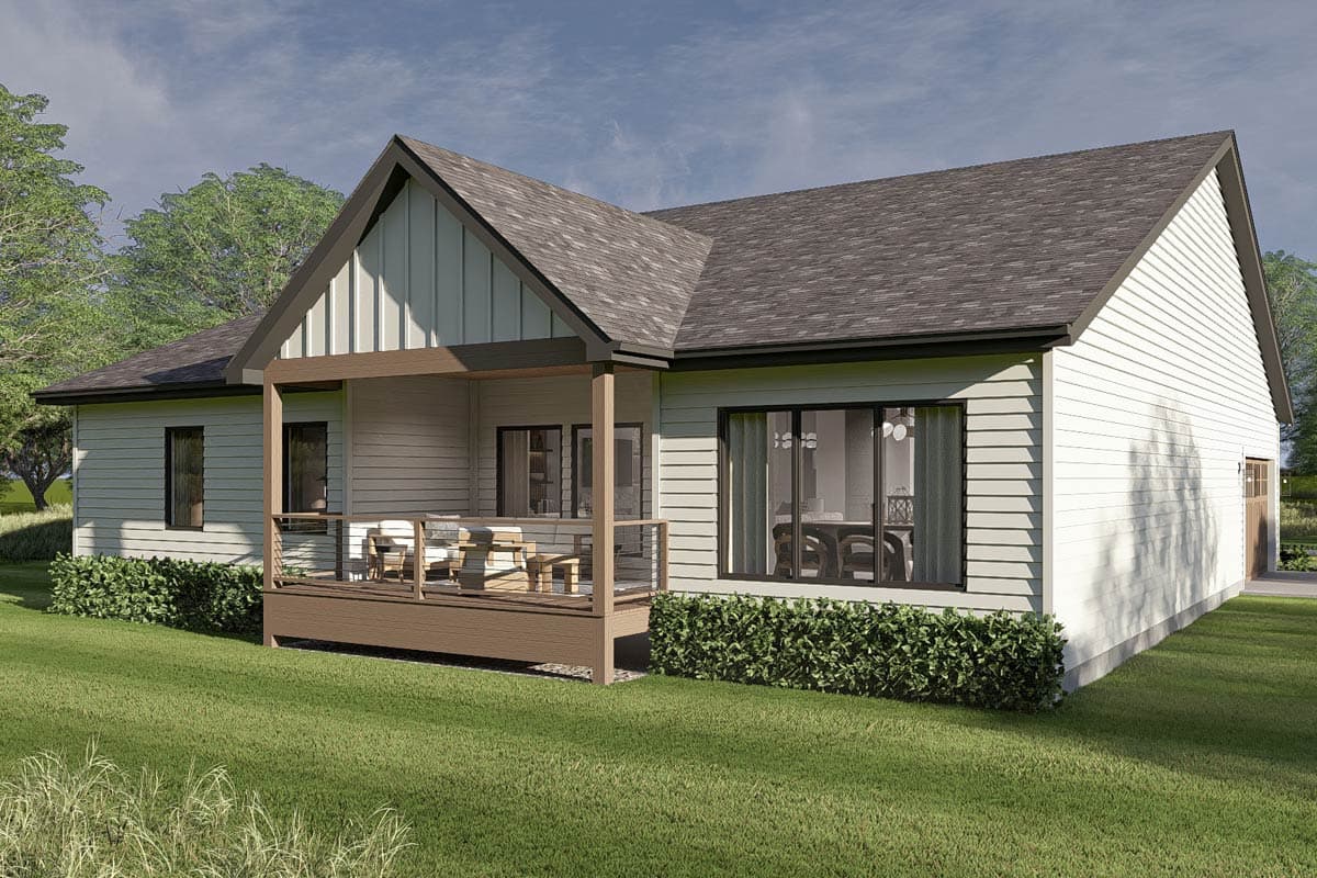 House plan exterior rendering of a single-story Modern Farmhouse with a covered deck, gabled entrance, and horizontal siding.