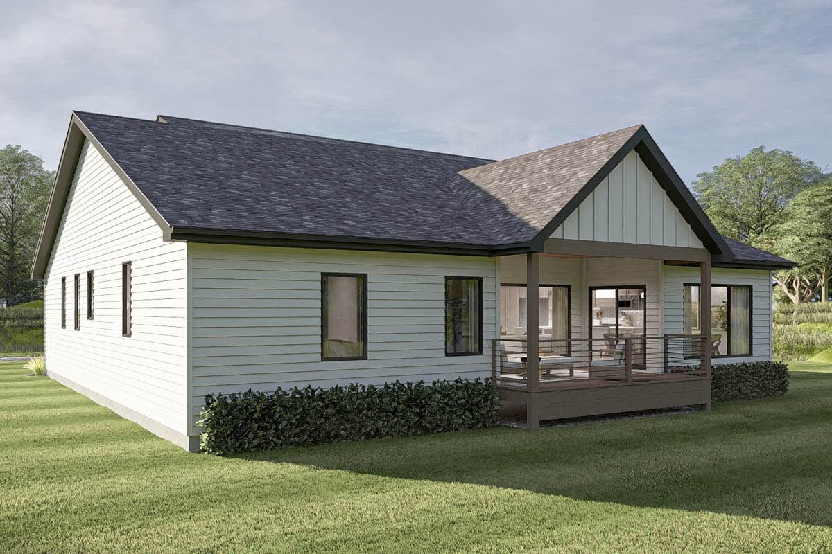 House plan exterior: Modern Farmhouse style, single-story, with gabled roof, covered porch, and horizontal siding.