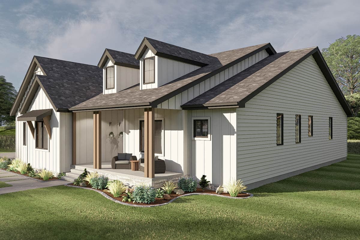 House plan exterior: Modern Farmhouse style, one-and-a-half stories, with a covered front porch, dormers, and board and batten siding.