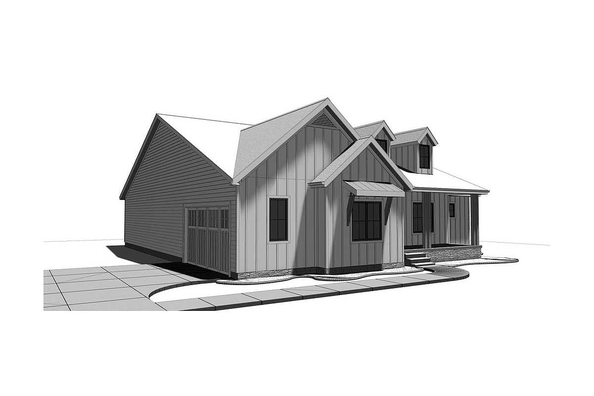 House plan exterior: Modern Farmhouse style, one story, with gabled dormers, board and batten siding, and a side-entry garage.