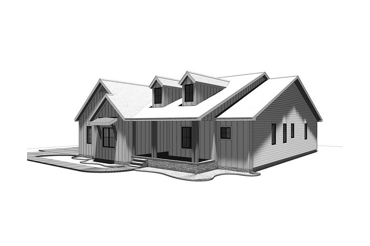 House plan exterior: single-story Modern Farmhouse with a covered front porch, gable dormers, and board-and-batten siding.