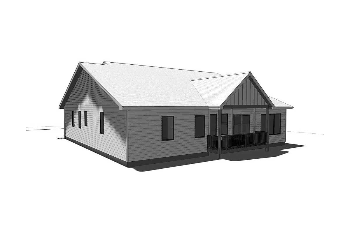 House plan exterior: Single-story ranch with gabled entrance, covered porch with railings, and gable dormer.