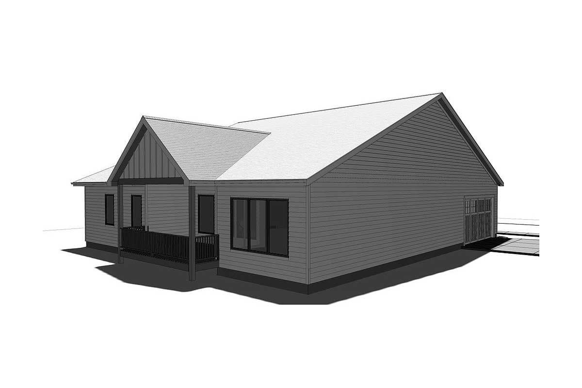 House plan exterior view of a one-story home with a covered porch, gable roof, and attached garage.