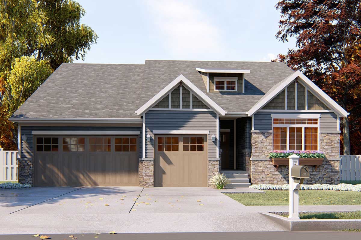 House plan exterior: One-story home with a three-car garage, stone accents, gabled dormers, and a covered entry.