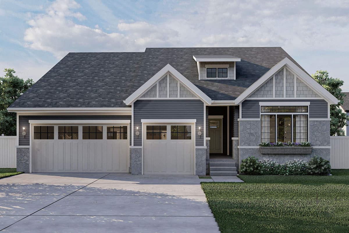 House plan exterior with Craftsman style, single story, and a gable roof. Features include a dormer, stone accents, and a two-car garage.