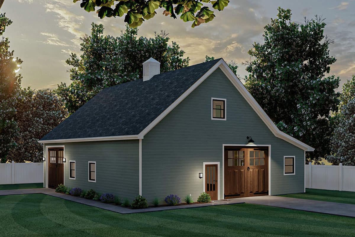House plan exterior with gambrel roof, two garage doors, and a single entry door.
