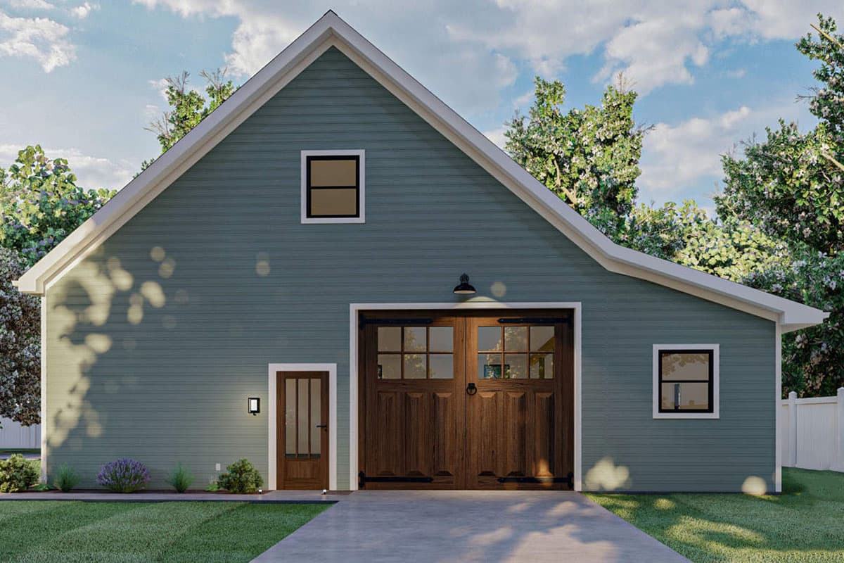 House plan exterior: Gabled roofline, double garage doors with glass panes, single entry door with glass, and two windows.