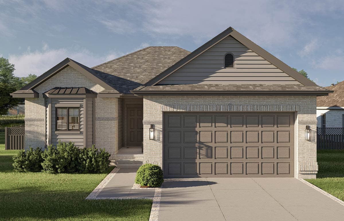 House plan exterior: One-story modern home with brick and siding, gable rooflines, front-facing garage, and a covered entryway.