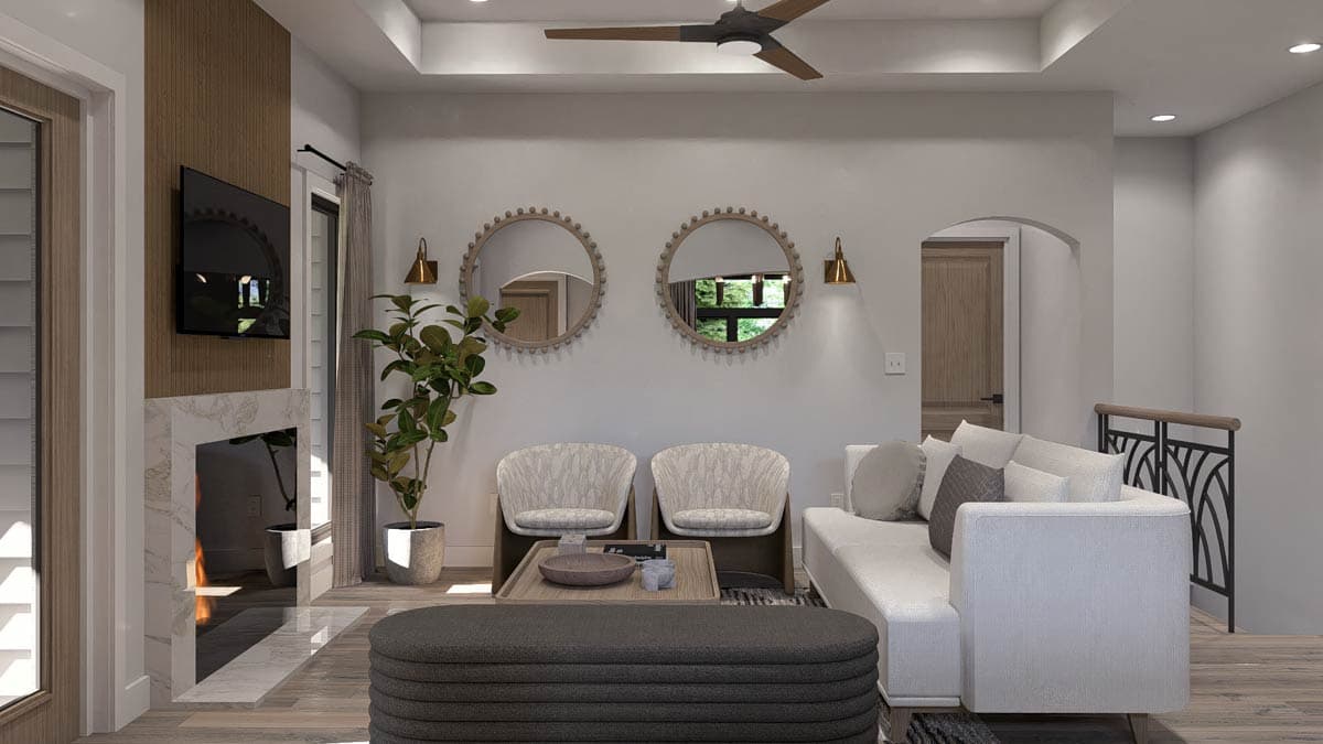 Living room rendering with marble fireplace, ceiling fan, modern seating, and arched doorway.