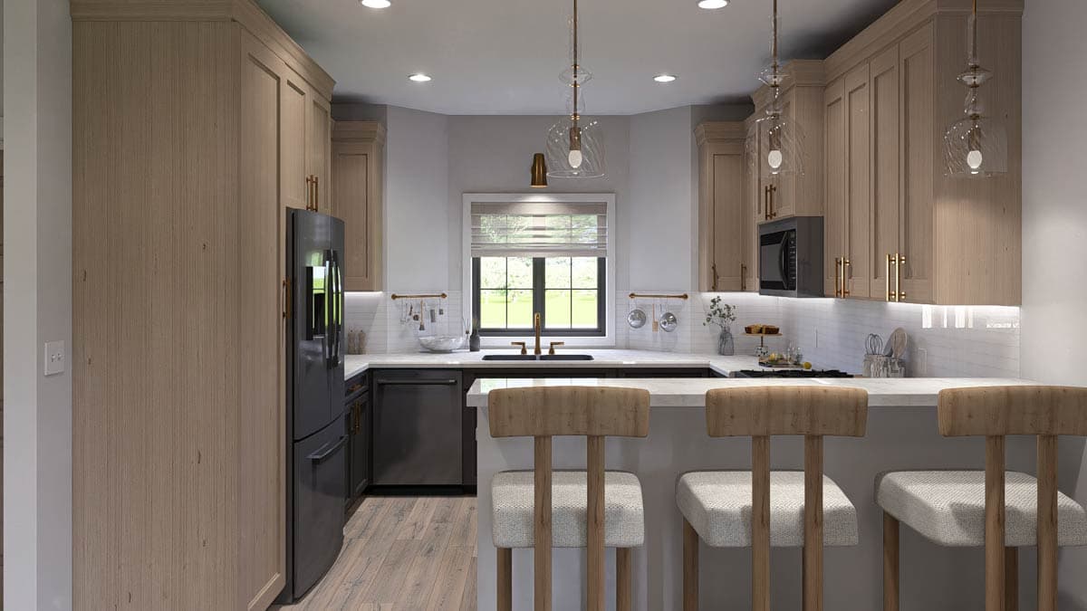 Kitchen featuring light wood cabinets, dark appliances, a large window over the sink, and a breakfast bar with seating.