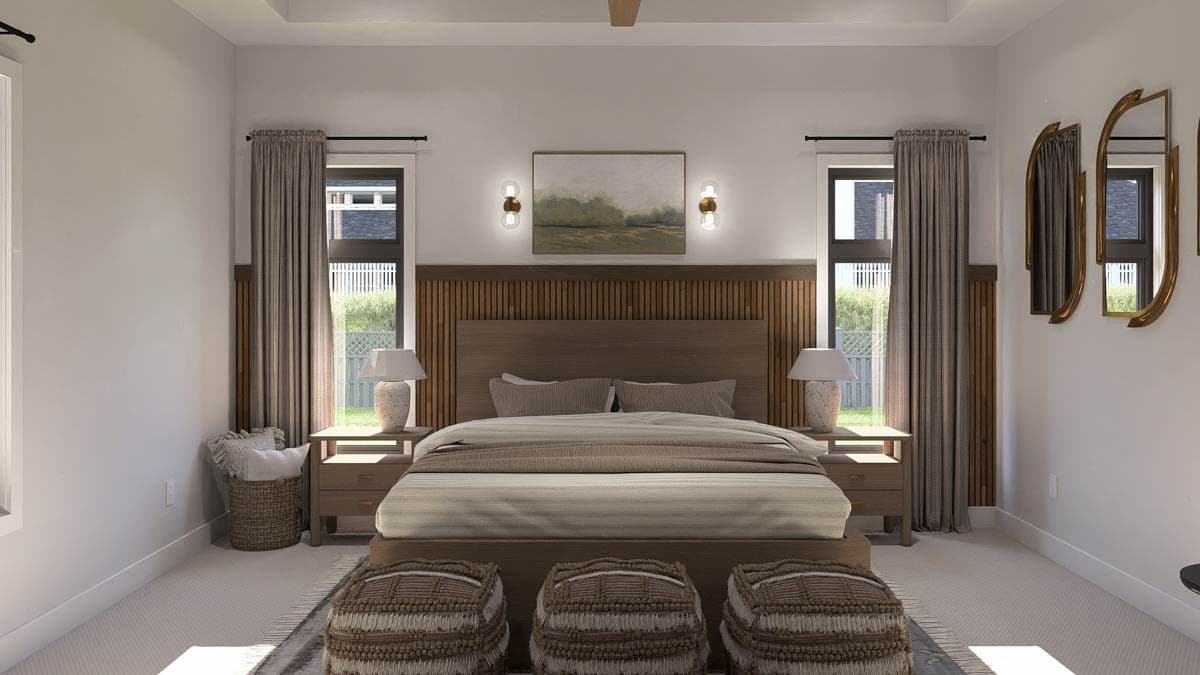 Bedroom interior rendering with a king-size bed, slatted wood headboard, bedside tables, lamps, and textured ottomans.