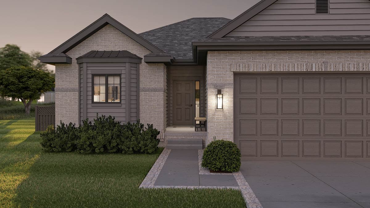 House plan exterior with brick facade, gabled roof, bay window, and two-car garage.