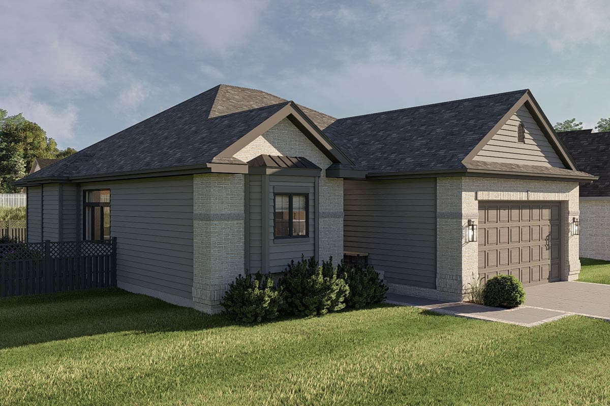 Ranch style house plan exterior with horizontal siding, brick accents, attached two-car garage, and prominent gables.