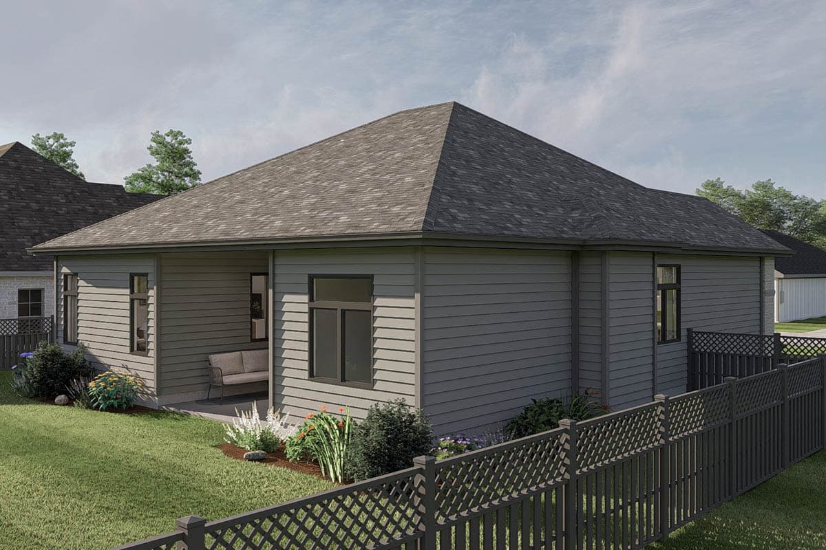 House plan exterior rendering of a single-story home with horizontal siding, a hipped roof, and a covered patio.