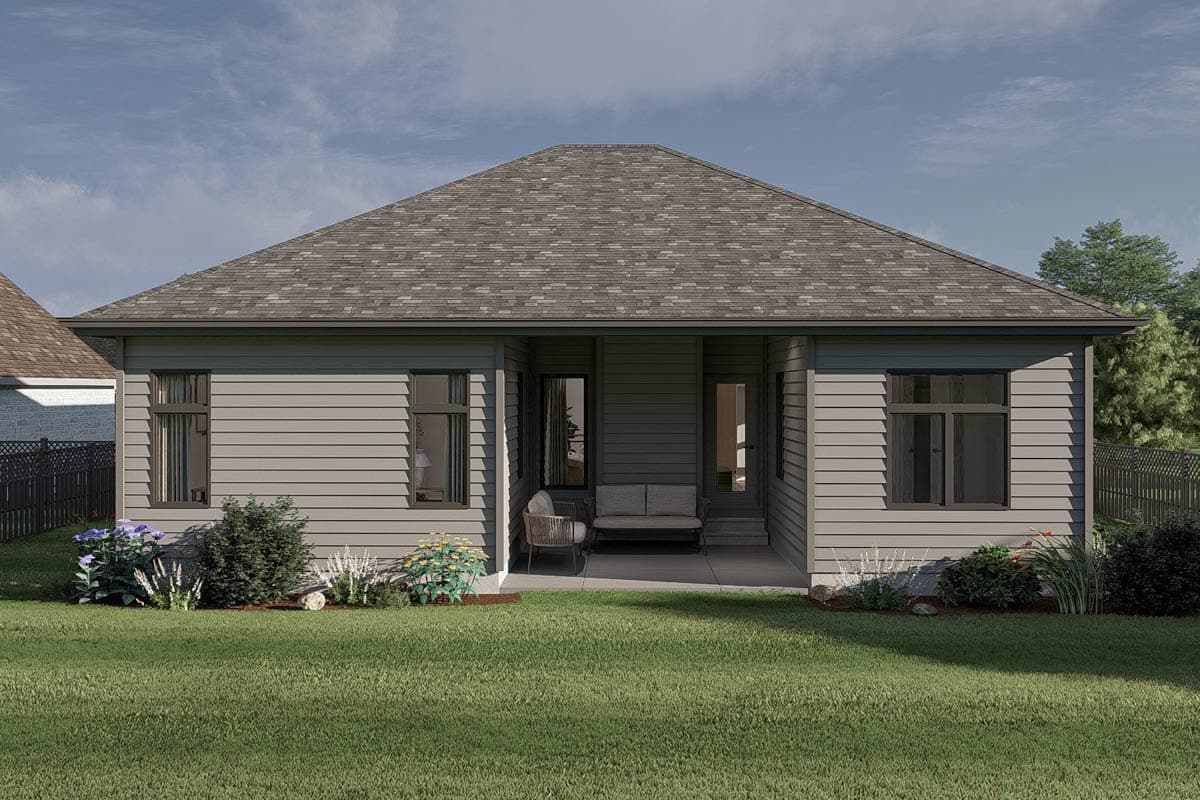 House plan exterior, one story, gray siding, covered patio with seating, and asphalt shingle roof.