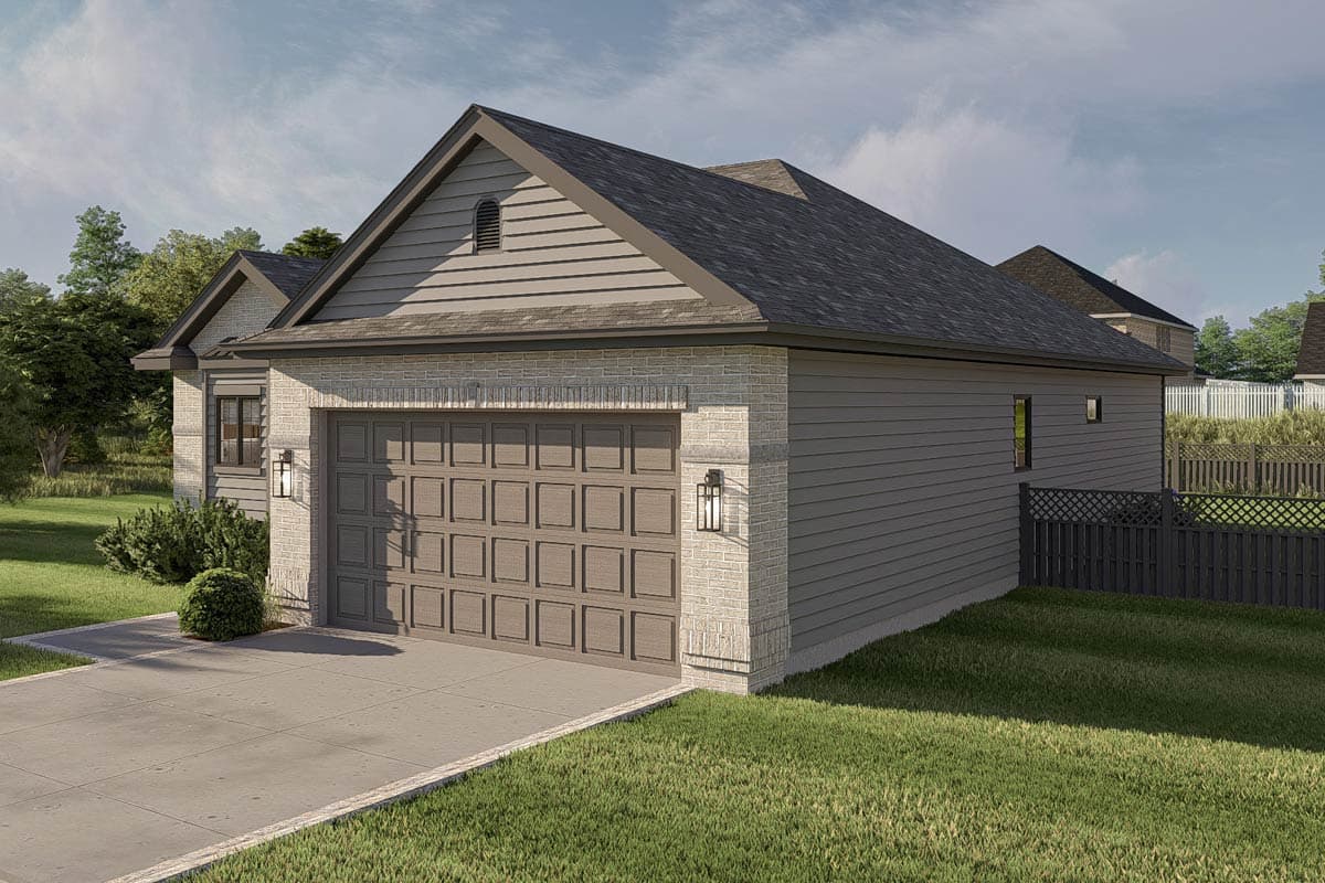 House plan exterior rendering of a one-story home with a two-car garage, brick accents, and vinyl siding.