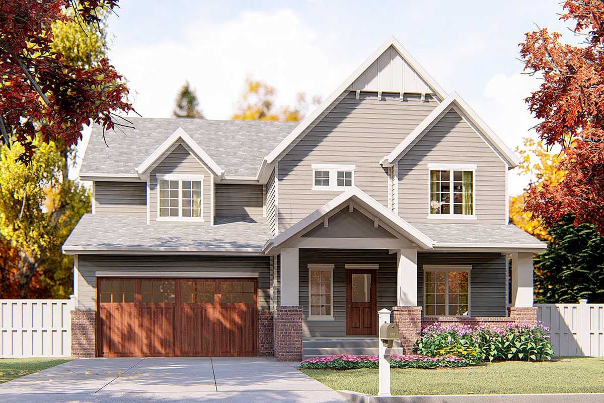 House plan exterior: two-story Modern Farmhouse with front-facing gables, dormers, covered entry porch, and attached garage.