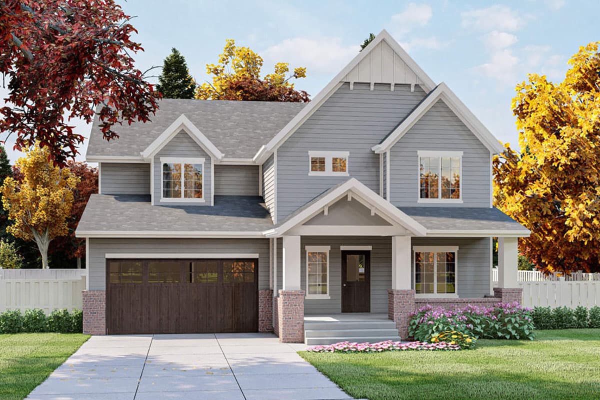 Two-story Modern Farmhouse house plan exterior with gabled dormers, covered entry porch, and a side-facing garage.