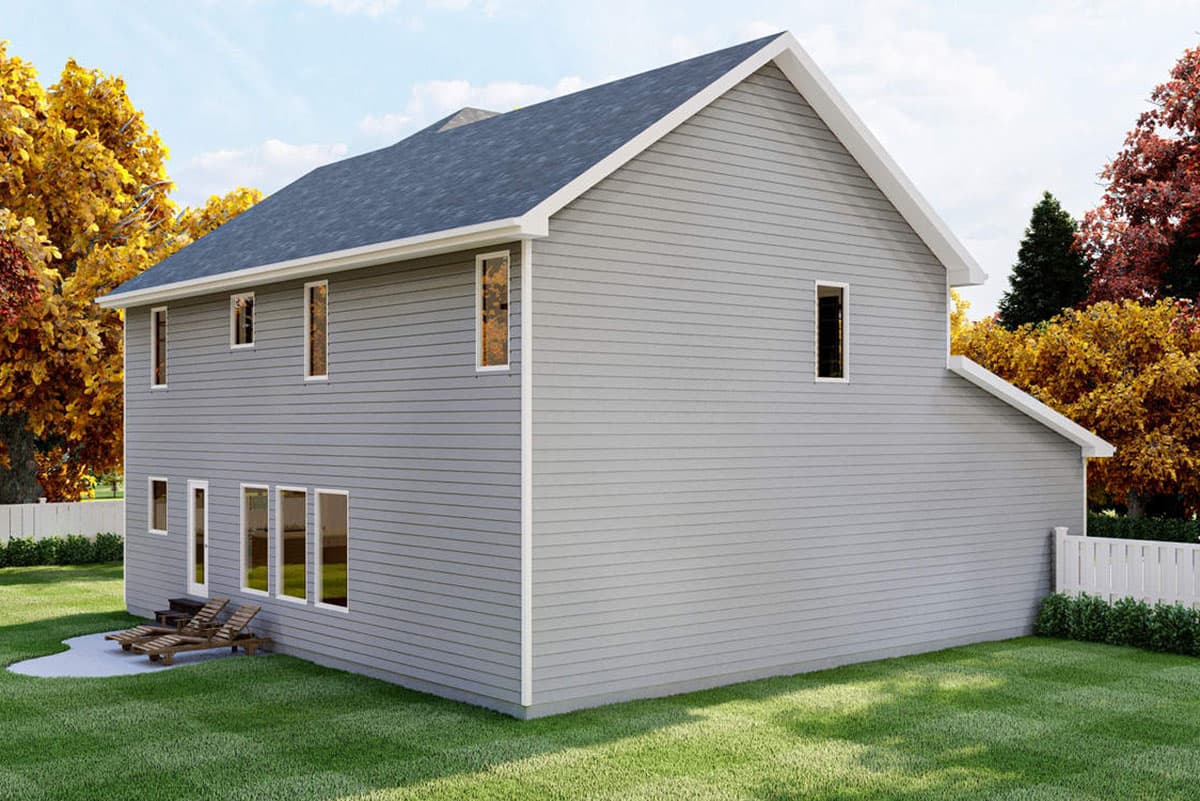 House plan exterior: Two-story contemporary home with horizontal siding, multiple gables, and numerous rectangular windows.