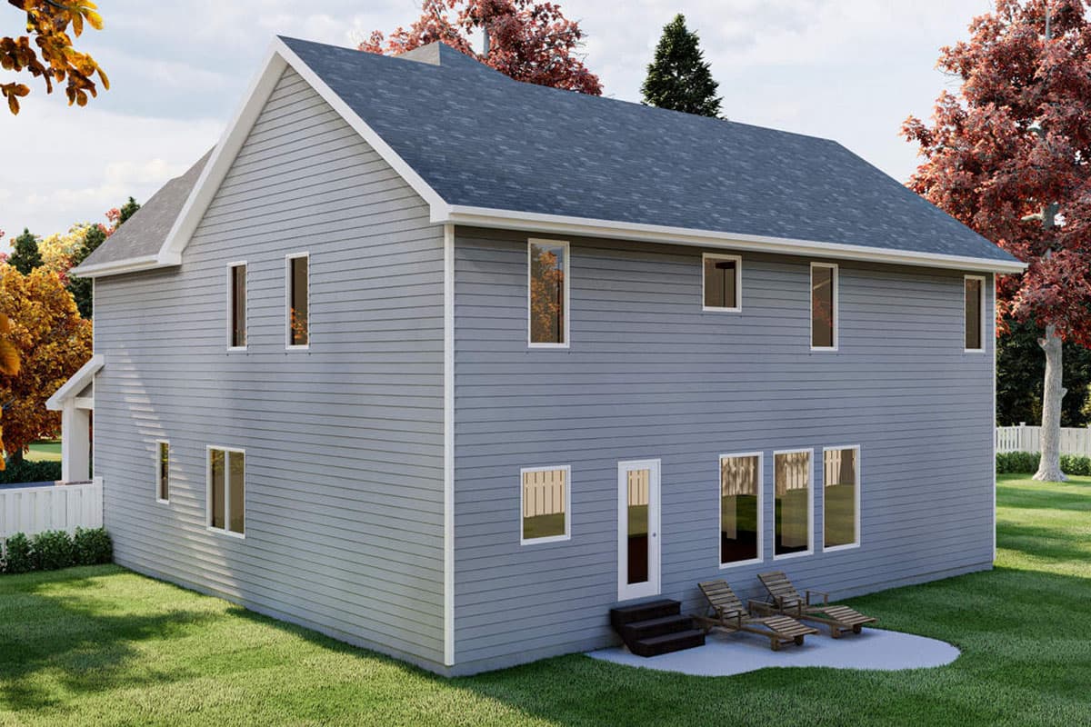 House plan exterior view of a two-story home with gray siding, a gable roof, and multiple rectangular windows.