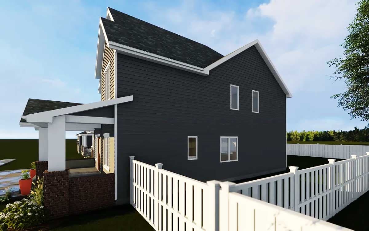 House plan exterior, two stories, with gabled roof, wide eaves, covered porch, and white picket fence.