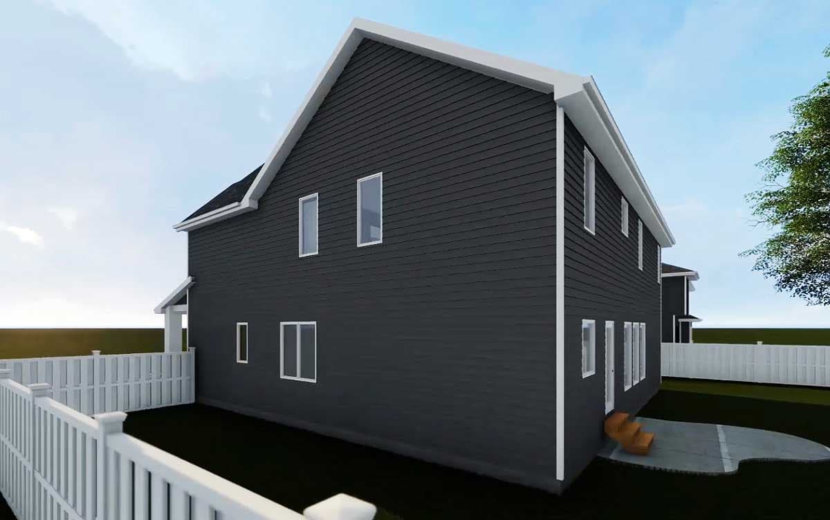 Two-story house plan exterior with dark siding, prominent gables, and a white fence.