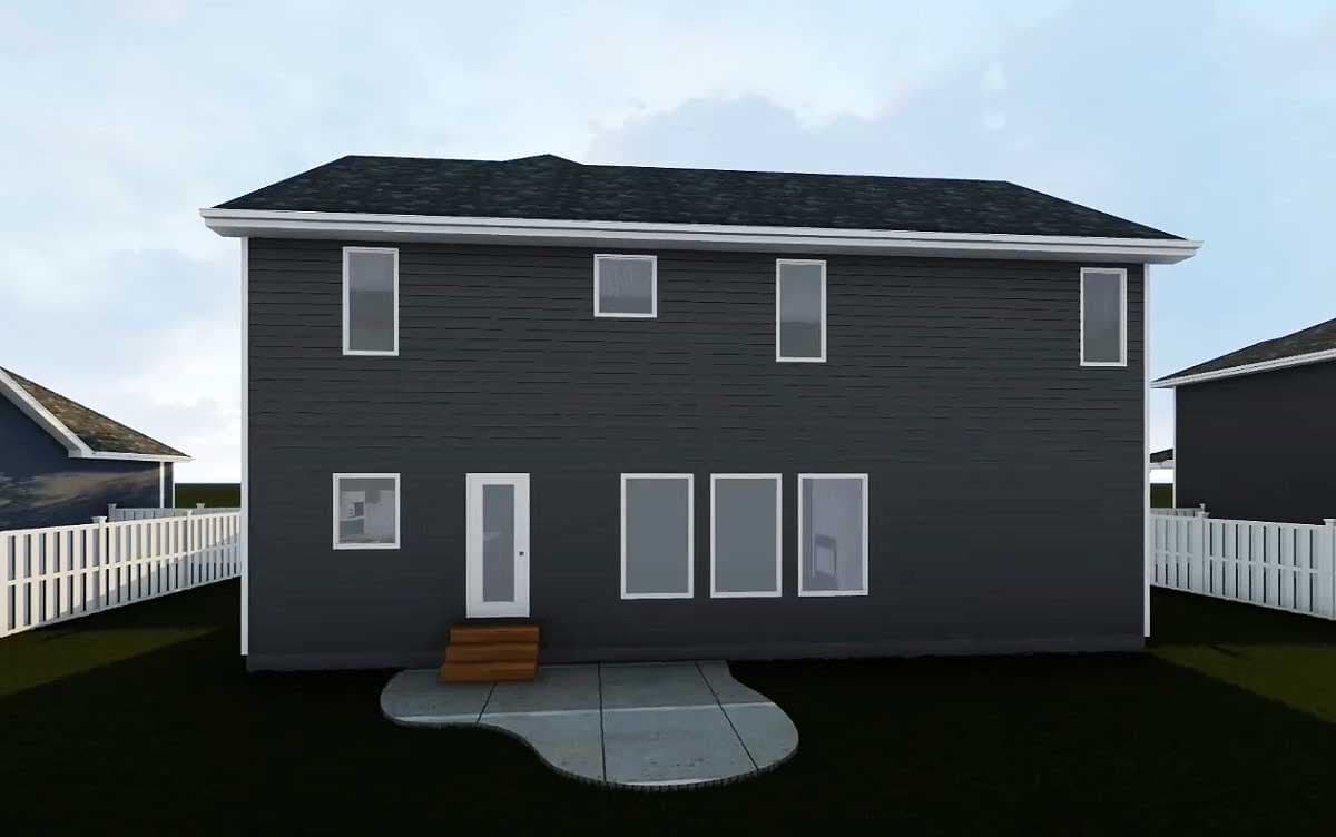 House plan exterior: two-story home with dark siding, multiple windows, and a rear door leading to a patio.