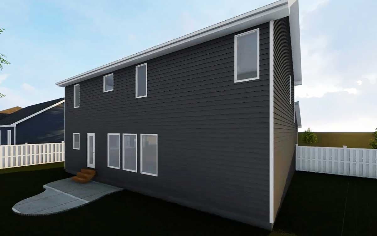 House plan exterior: two-story modern design with dark horizontal siding, a shed roofline, and multiple rectangular windows.