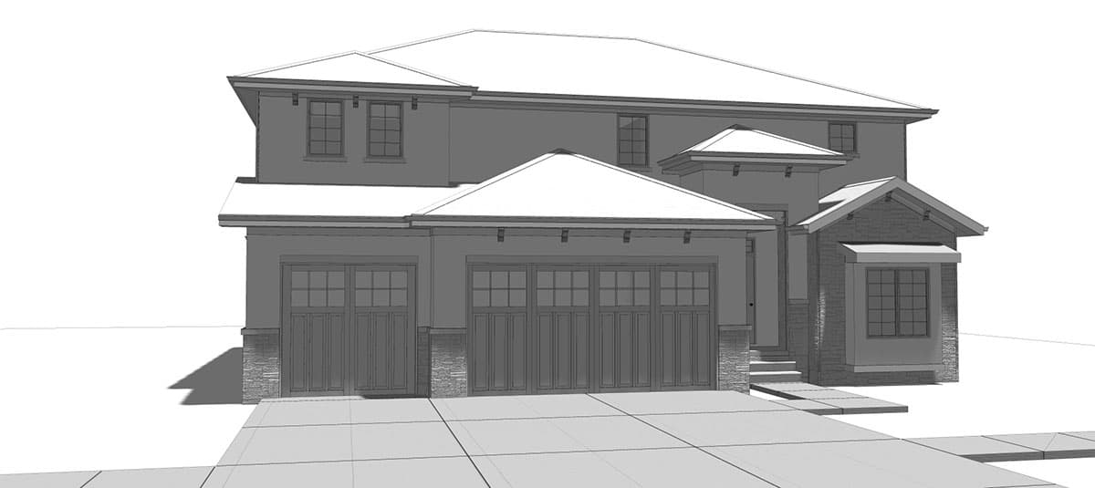 House plan exterior: two-story home with three-car garage, stone accents, and multiple gabled rooflines.