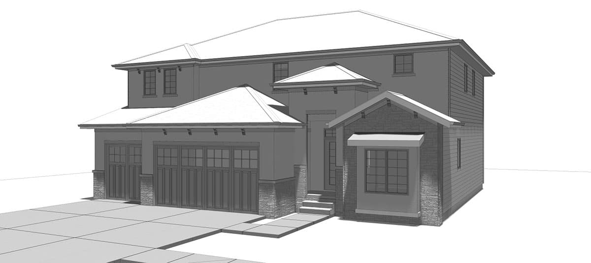 House plan exterior: two-story, modern style with a three-car garage, stone accents, and multi-level rooflines.