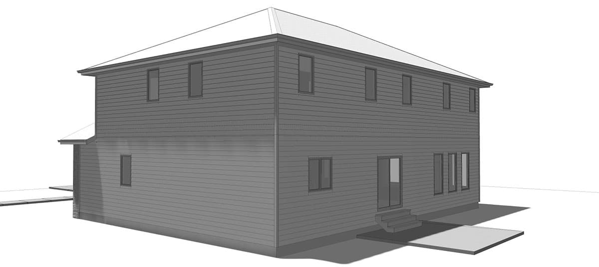 Two-story house plan exterior with horizontal siding, multiple windows, and a low-pitch hip roof.