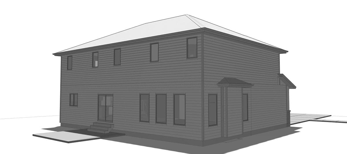 House plan exterior, two stories, featuring horizontal siding, multiple windows, and a prominent gable roofline.