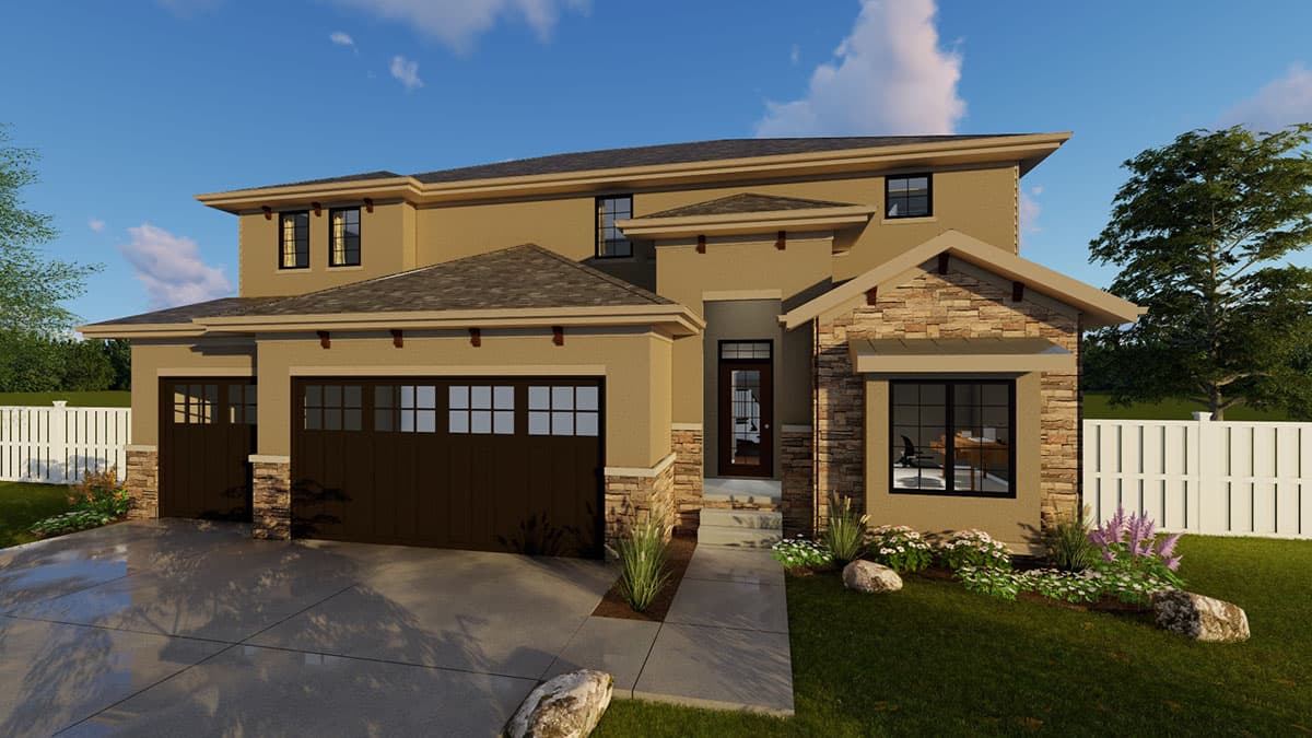 Modern house plan exterior: two stories, stucco, stone accents, hip roof, two-car garage, front entry.