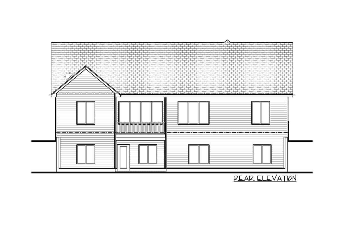 Rear elevation drawing of a two-story house with a gable roof, siding, and a second-story balcony with railings.