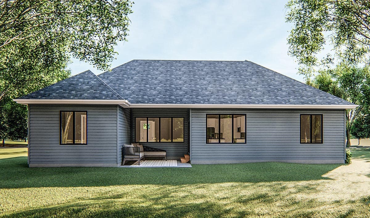 House plan exterior: Ranch style, single-story with horizontal siding, prominent rooflines, and multiple large windows.