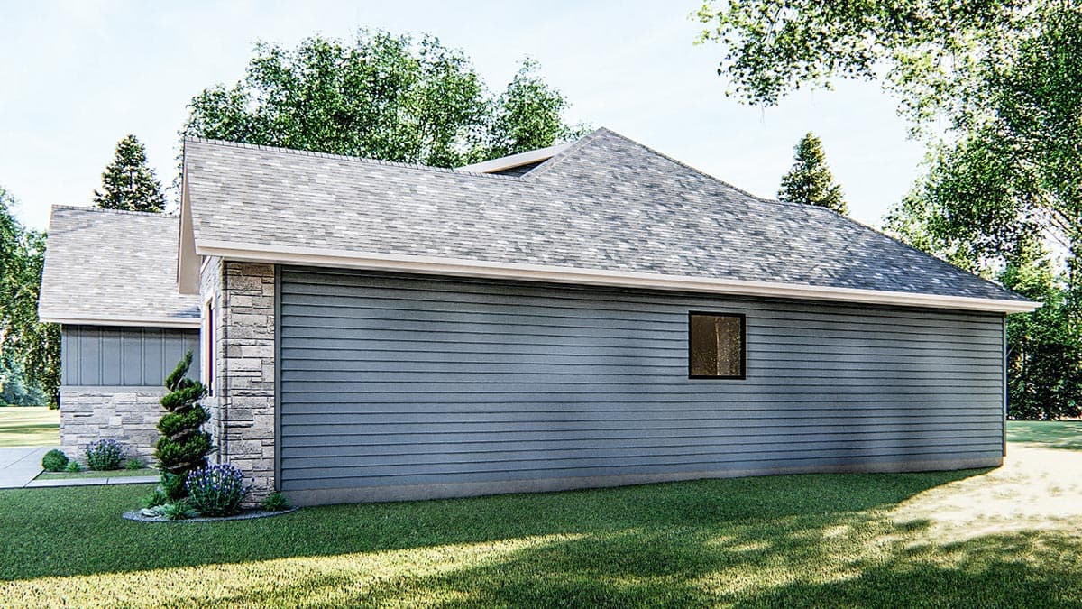 House plan exterior with stacked stone accents, horizontal siding, and multiple gables.