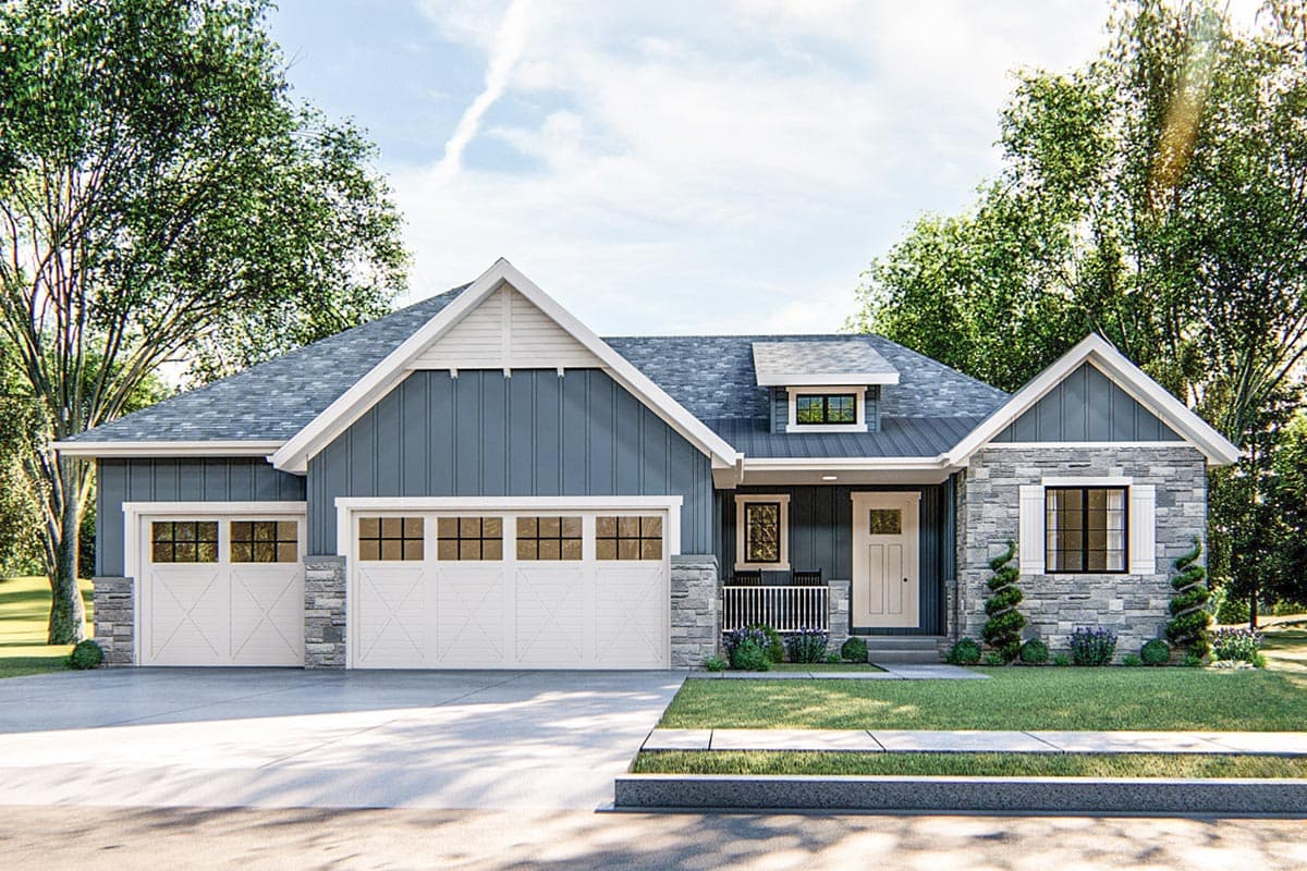 House plan exterior rendering. One-story house with Craftsman style elements: gabled roof, stone facade, and dormer window.