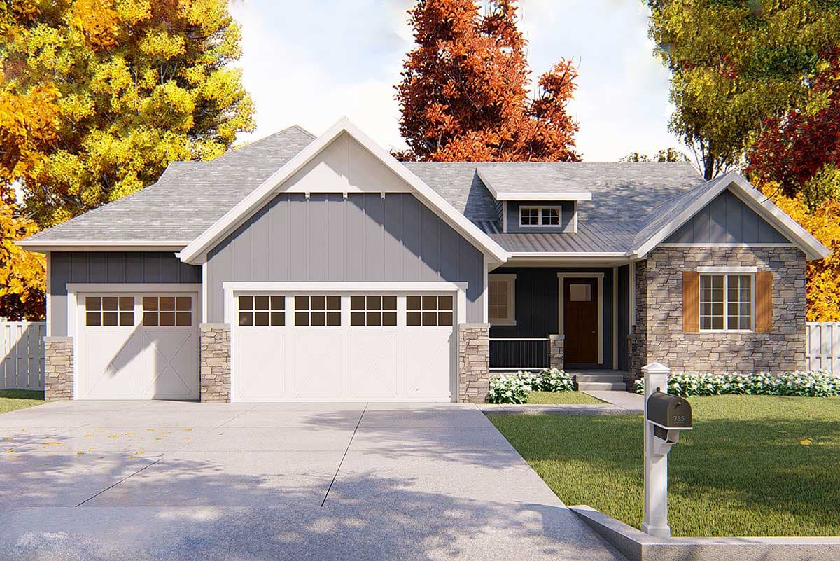 House plan exterior: Modern Farmhouse style, one story, with a three-car garage, stone accents, and a covered front entry.