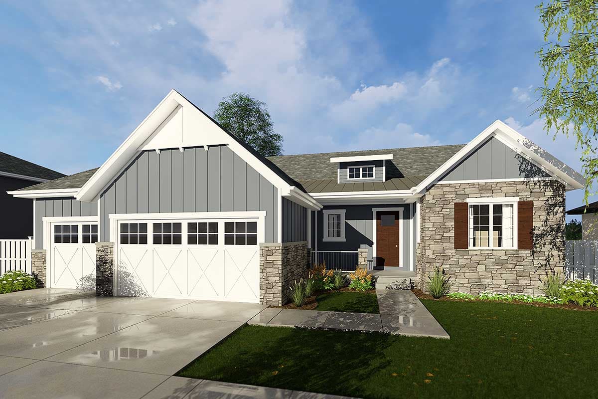 Modern Farmhouse house plan exterior with two-car garage, stone accents, vertical siding, and a prominent gable.