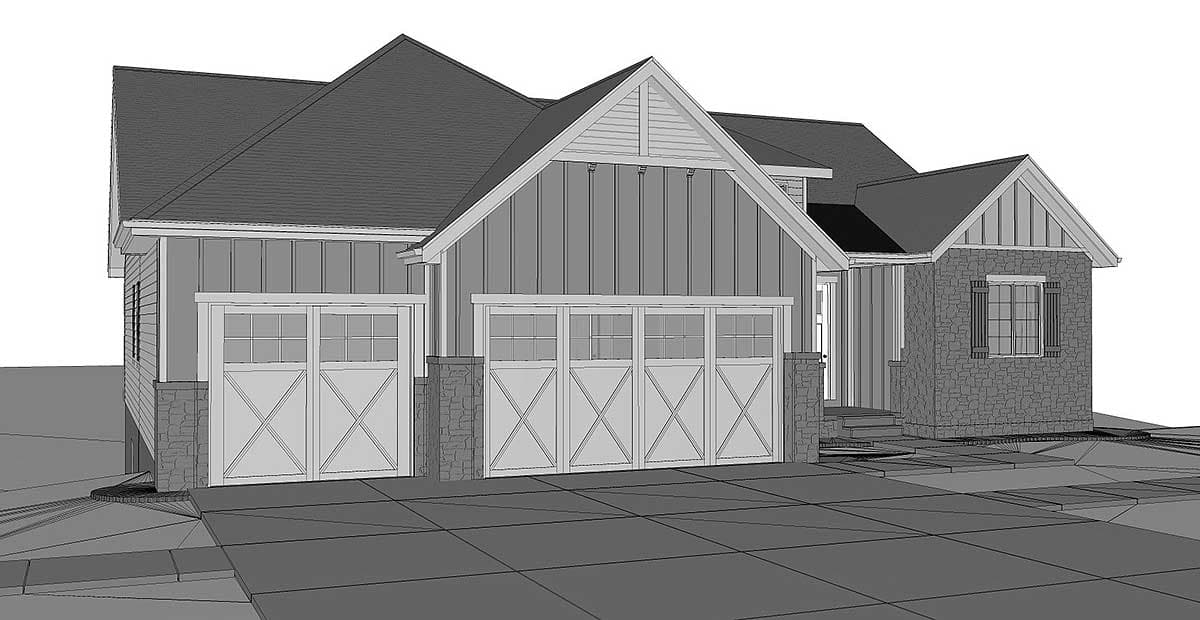 House plan exterior: Modern Farmhouse style, 1.5 stories, with stone accents, board and batten siding, and multi-pane garage doors.