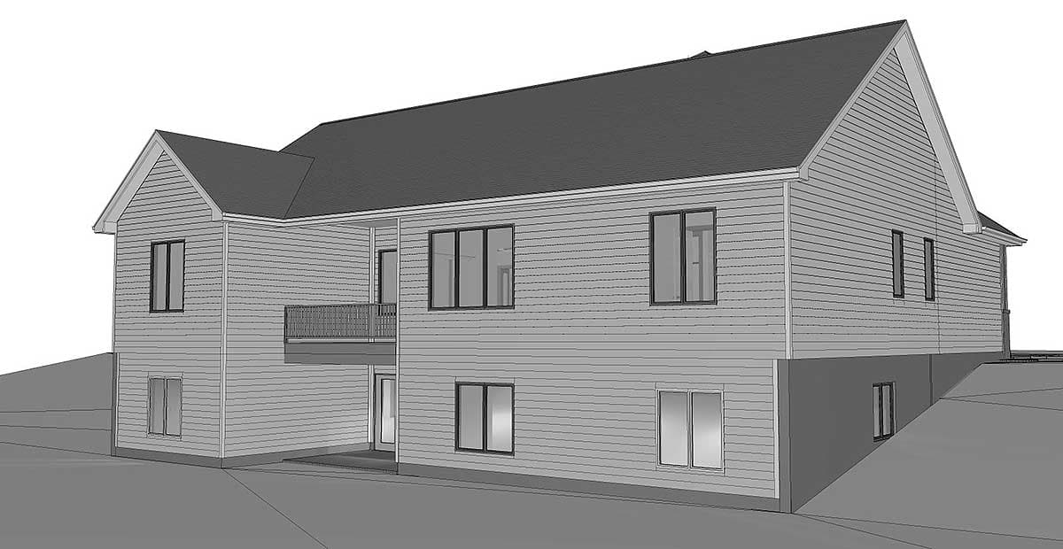 Two-story house plan exterior with gabled front, siding, and balcony access from the upper level.