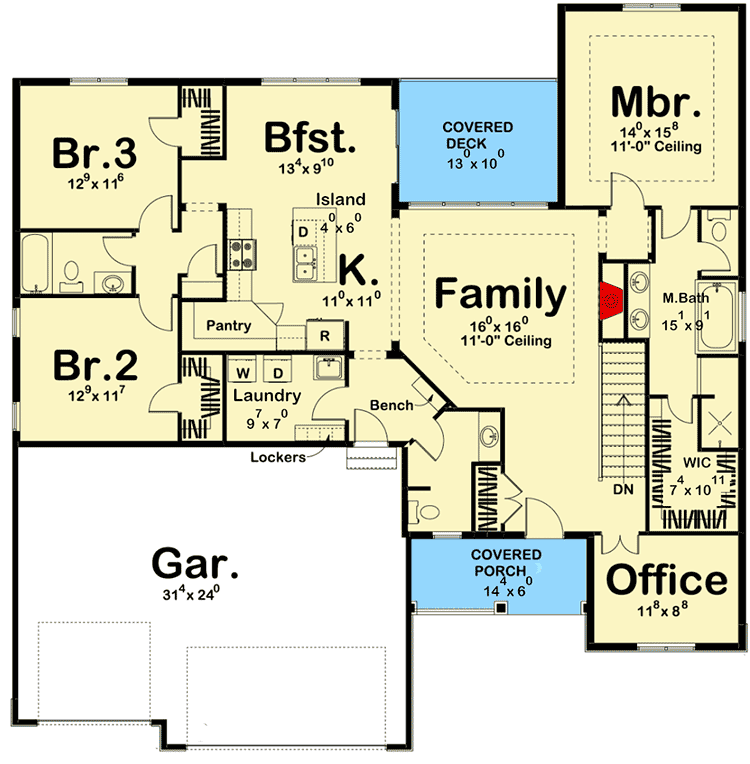 Plan 62506DJ: One-Level Craftsman Home Plan with Private Office - Floor Plan - Main Level - Bungalow, Craftsman, Northwest
