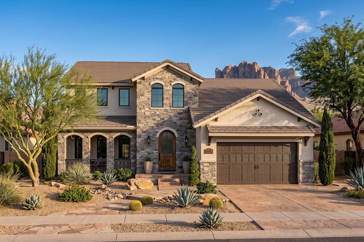 Two-story house plan exterior with arched covered porch, stone accents, and a multi-panel garage door.